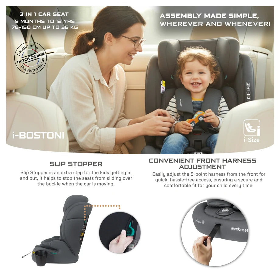 Neobreez BOSTONI 3-in-1 Toddler Car Seat i-Size 9m-12Y (Grey)