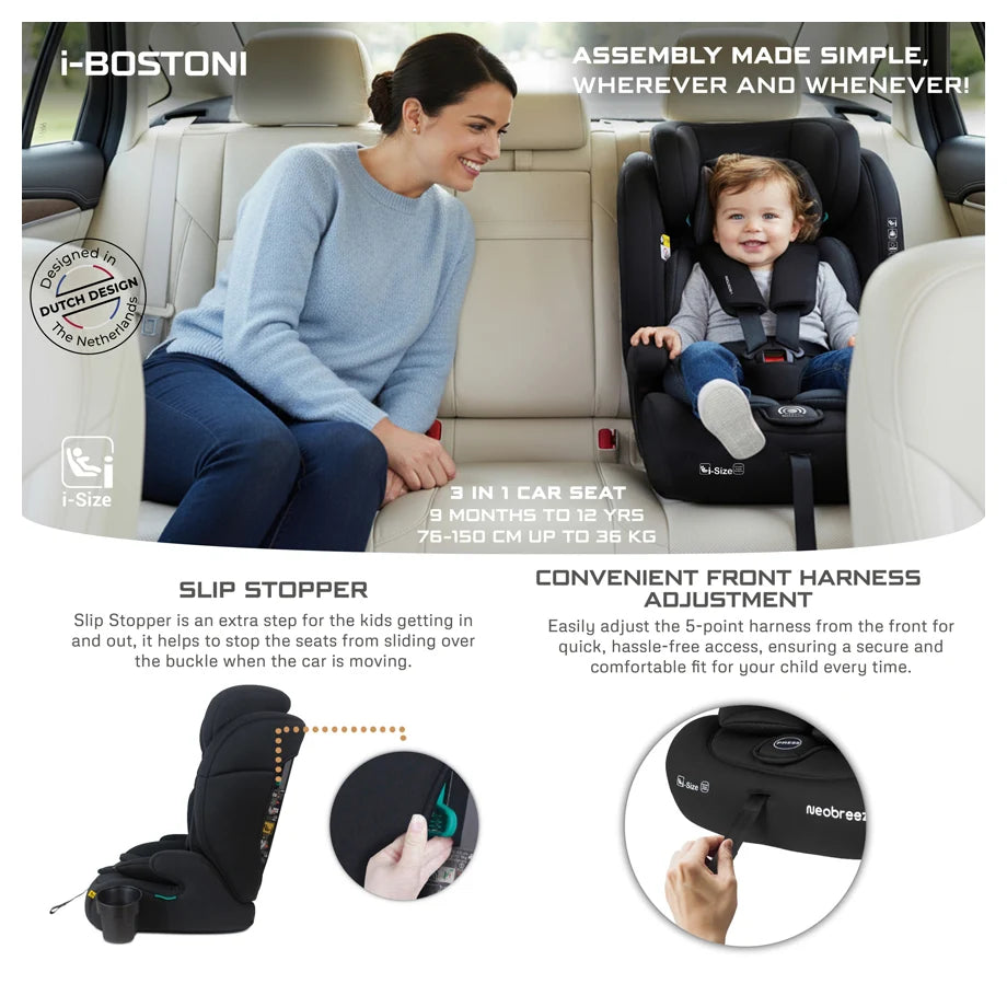 Neobreez BOSTONI 3-in-1 Toddler Car Seat i-Size 9m-12Y (Black/Gray)