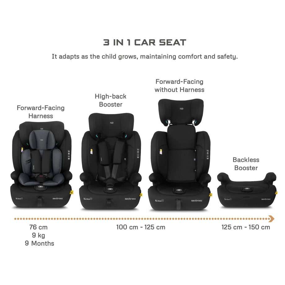 Neobreez BOSTONI 3-in-1 Toddler Car Seat i-Size 9m-12Y (Black/Gray)