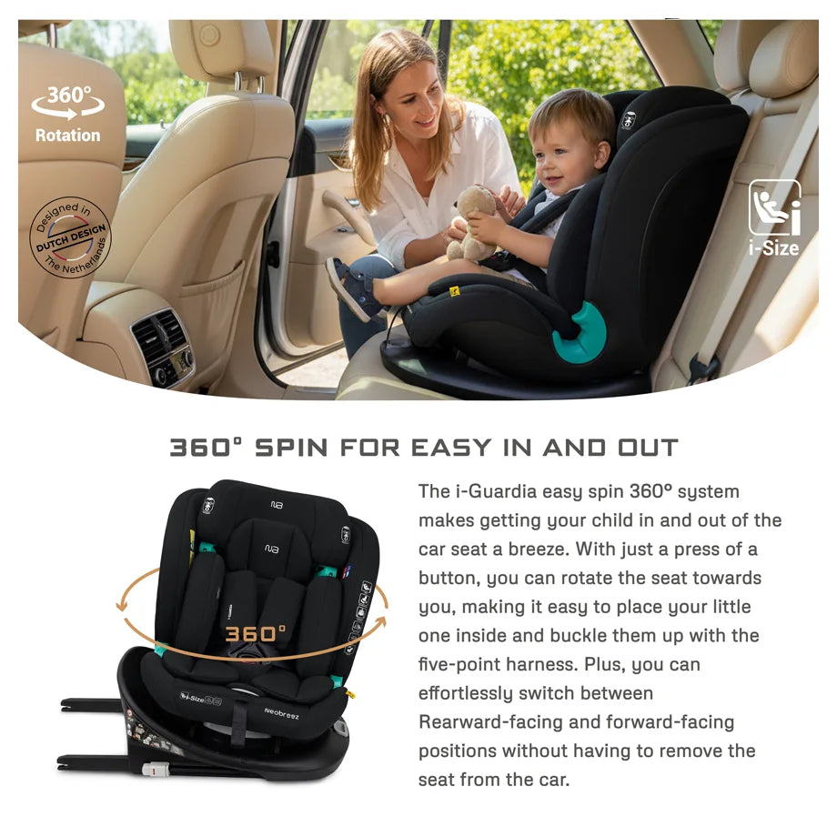 Neobreez Guardia 360° Rotating ISOFIX i-Size Car Seat, All-in-One 0-12Yrs (Black)