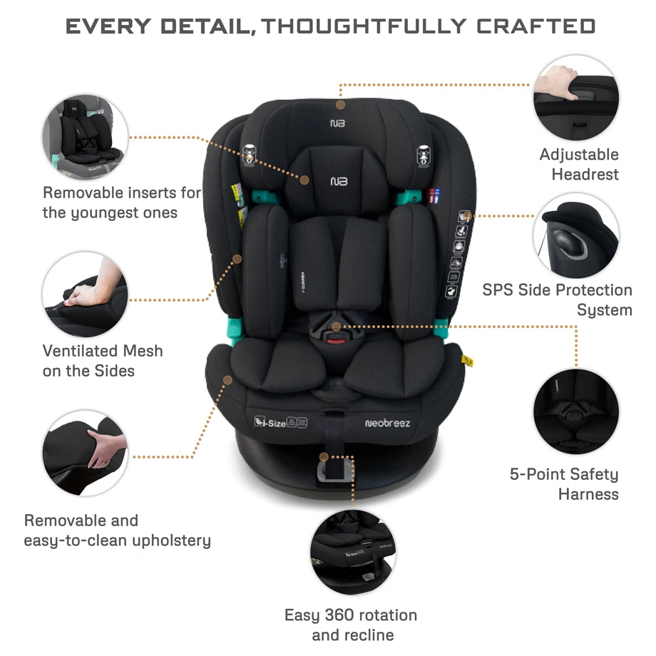 Neobreez Guardia 360° Rotating ISOFIX i-Size Car Seat, All-in-One 0-12Yrs (Black)