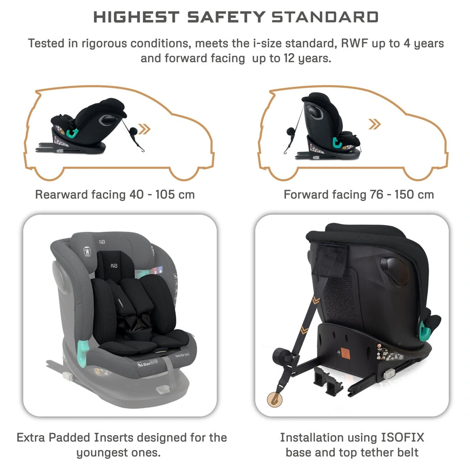 Neobreez Guardia 360° Rotating ISOFIX i-Size Car Seat, All-in-One 0-12Yrs (Black)