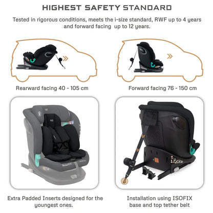 Neobreez Guardia 360° Rotating ISOFIX i-Size Car Seat, All-in-One 0-12Yrs (Black)