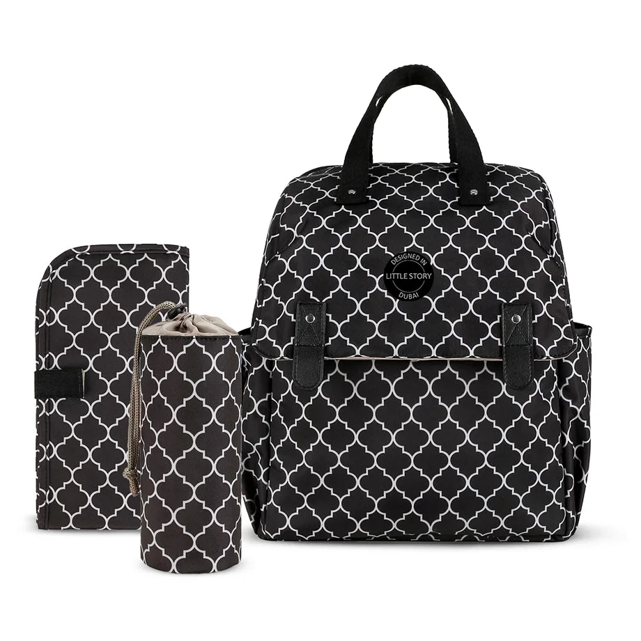 Little Story set of 3 Diaper Backpack with Changing Mat and Bottle Bag (Signature Black)