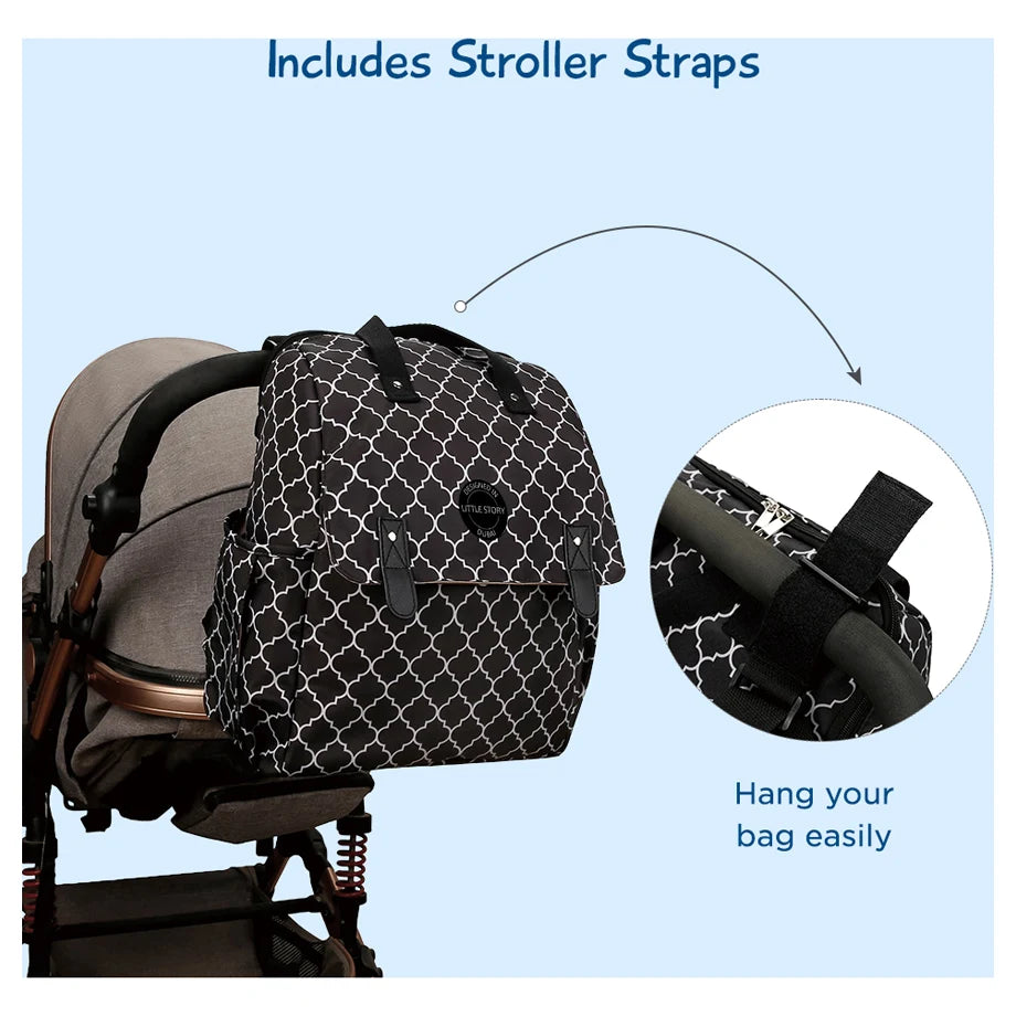 Little Story set of 3 Diaper Backpack with Changing Mat and Bottle Bag (Signature Black)