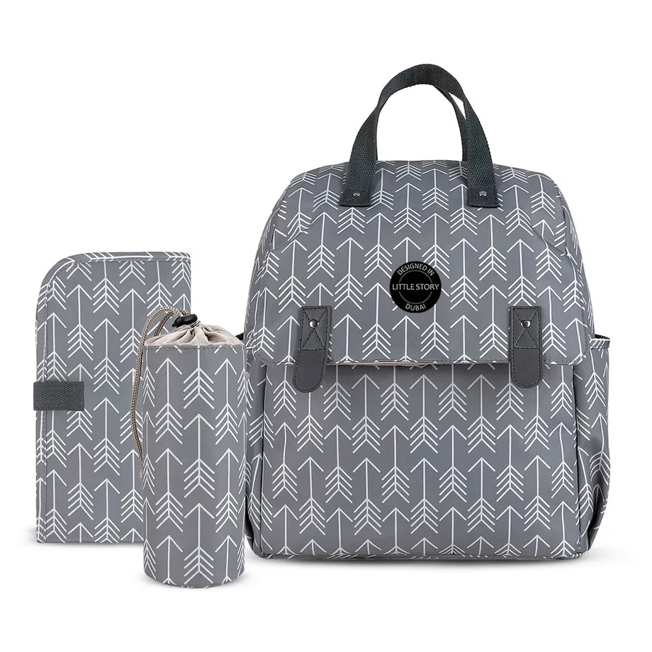 Little Story set of 3 Diaper Backpack with Changing Mat and Bottle Bag (Arrow Grey)