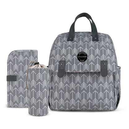 Little Story set of 3 Diaper Backpack with Changing Mat and Bottle Bag (Arrow Grey)