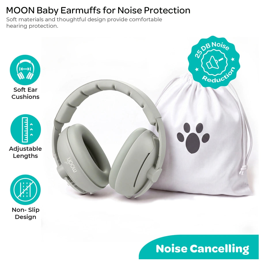 Moon Noise Cancelling Convertible Ear Muffs for Newborns & Toddlers 0-36 Months (Grey)