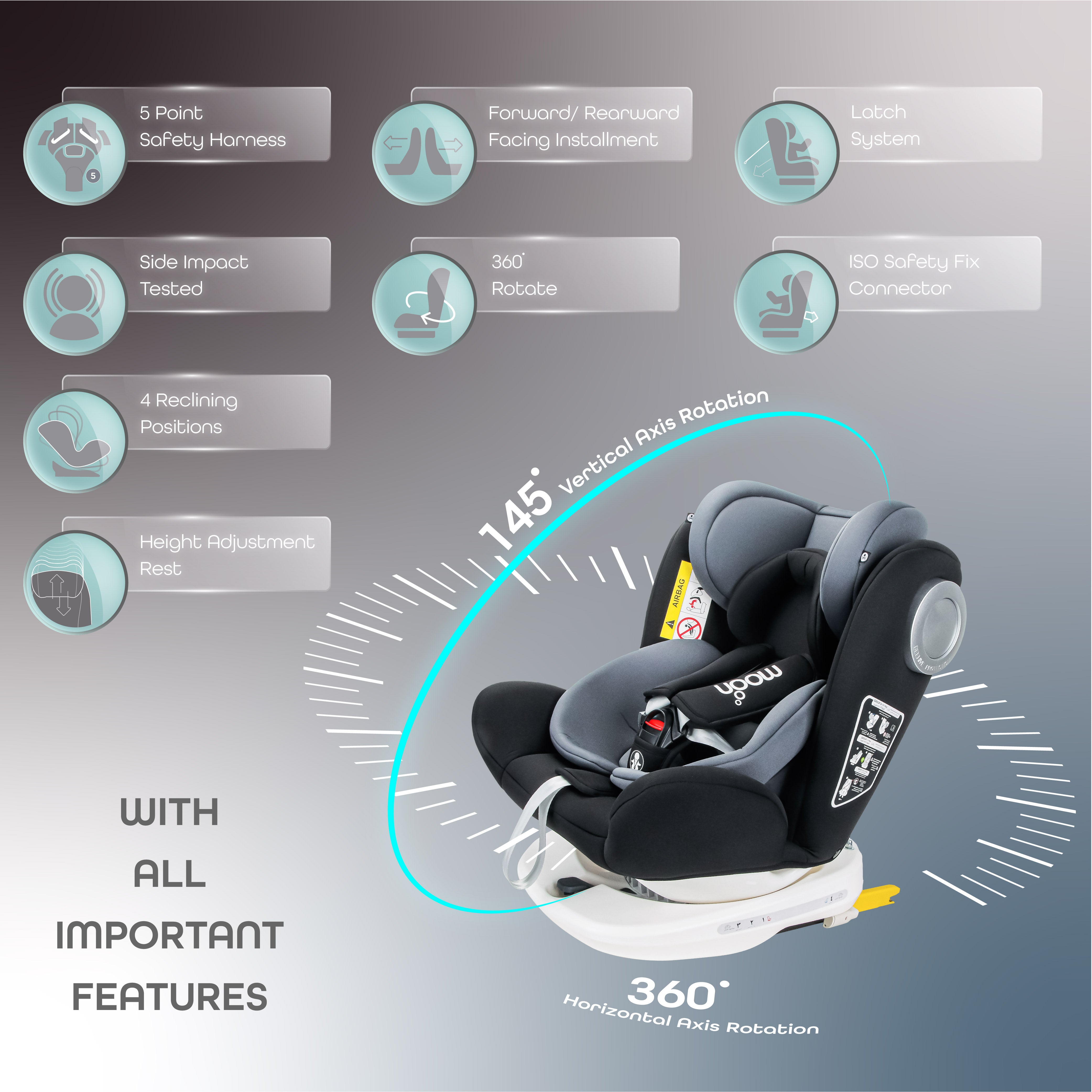Moon - Gyro Baby Car Seat For Child Group 0+/1/2/3 (0-36 Kg/0-12 Year) Isofix+ Top Tether Rotation 360° - Black