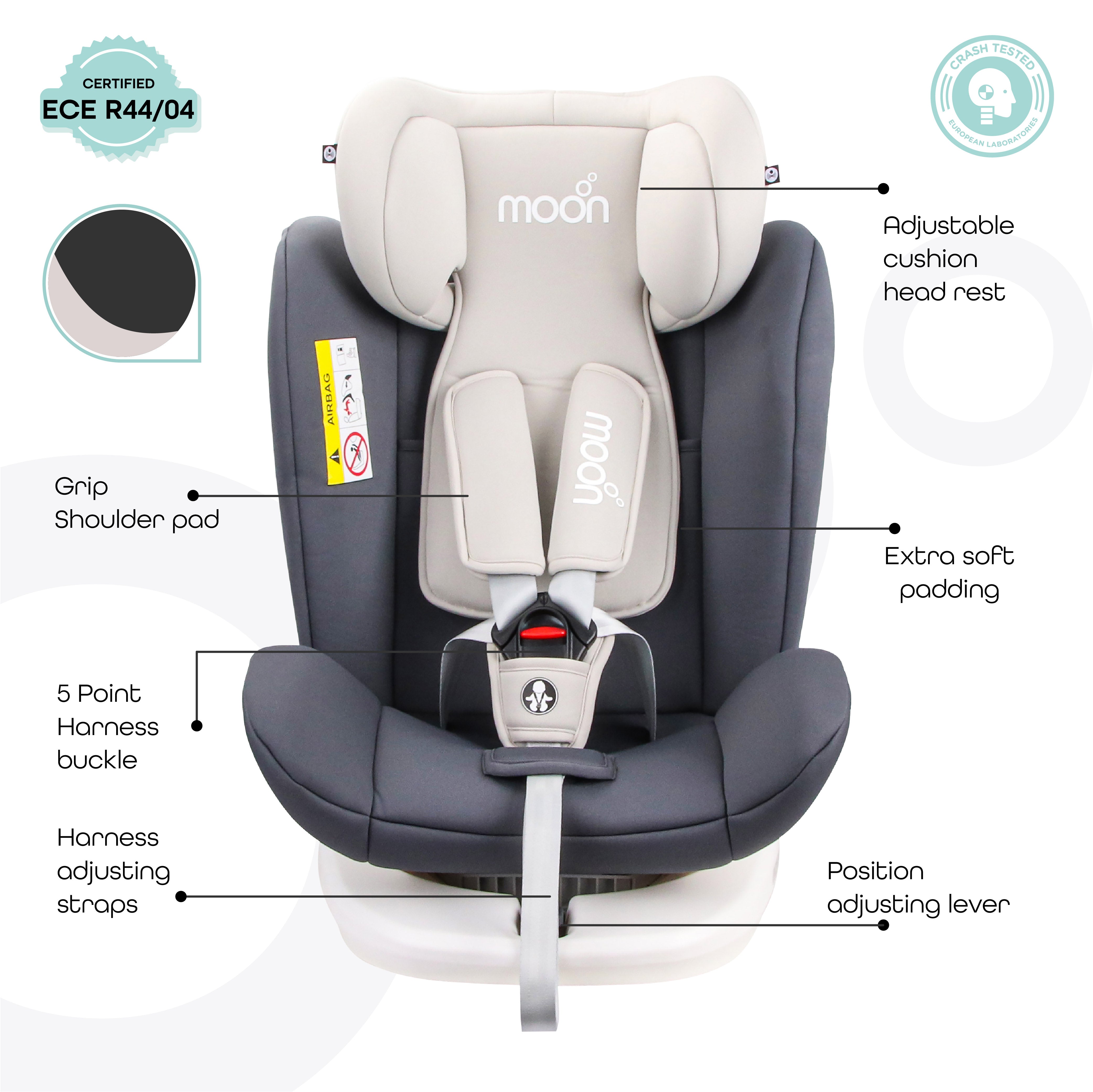Moon - Gyro Baby Car Seat 0+/1/2/3 (0-36 Kg/0-12 Year) Isofix+ Top Tether Rotation 360° Grey