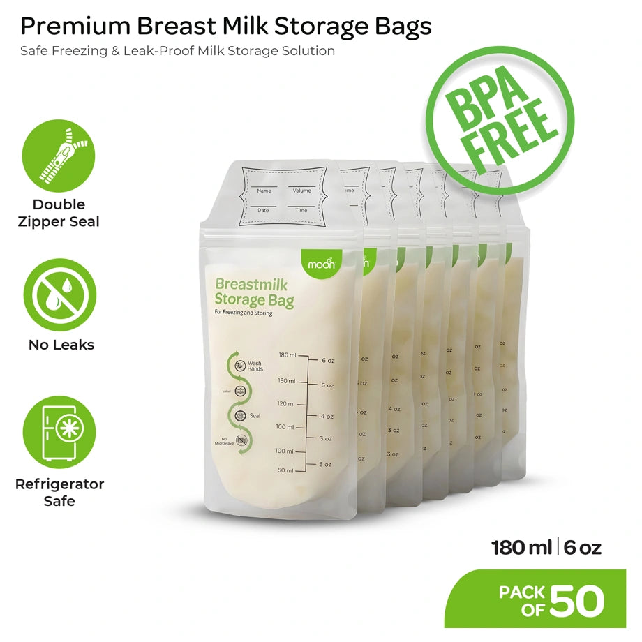 Moon Breastmilk Storage Bags BPA Free Leak Proof 180ml (Pack of 50)