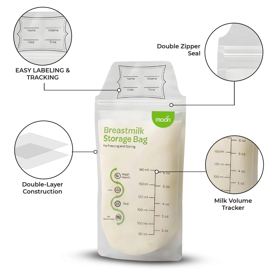 Moon Breastmilk Storage Bags BPA Free Leak Proof 180ml (Pack of 50)