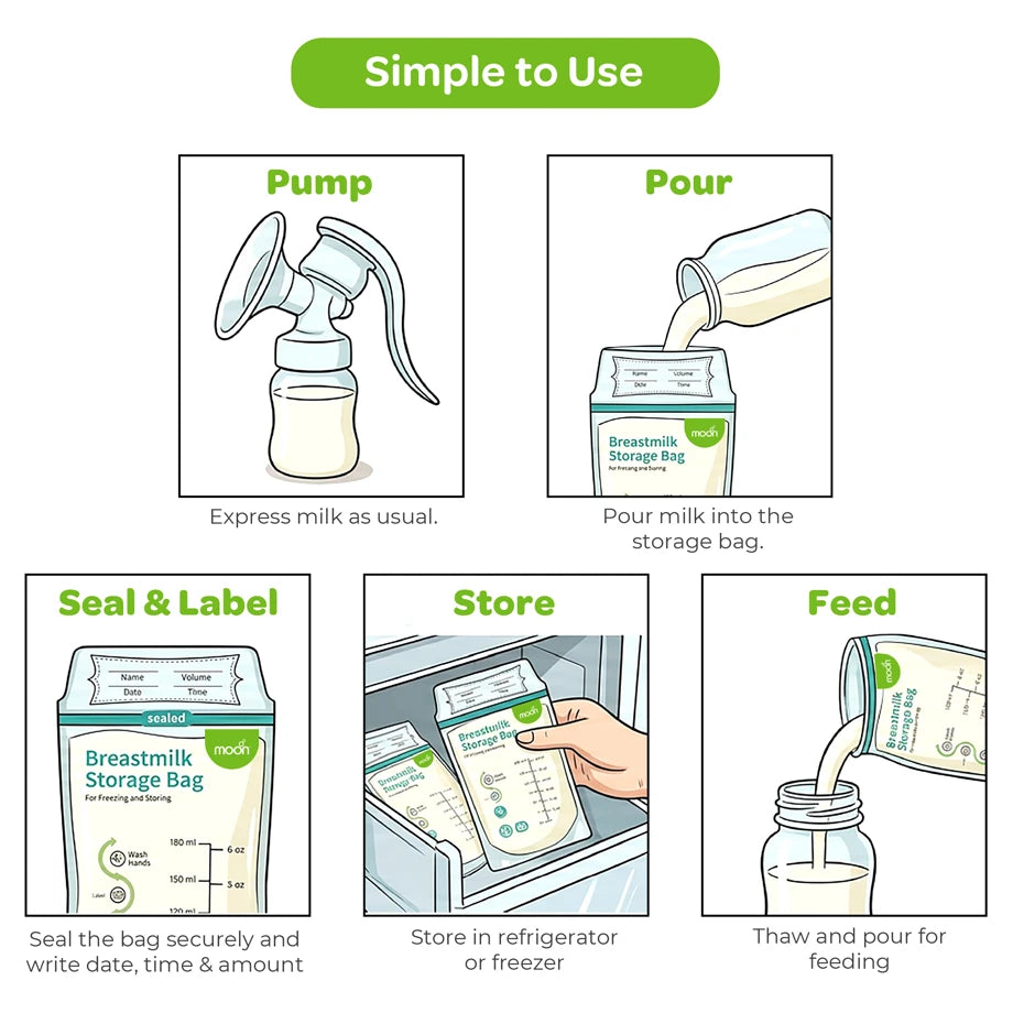 Moon Breastmilk Storage Bags BPA Free Leak Proof 180ml (Pack of 50)