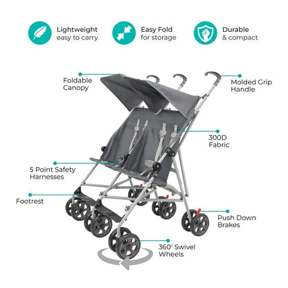 Moon Jet Plus Twin Buggy Lightweight Travel Strollers (Dark Grey)