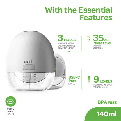 Moon Wearable Hands Free Breast Pump S18,150ml (White)