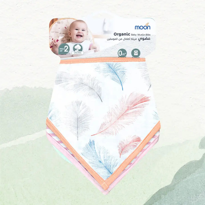 Moon Organic Muslin Bibs Pack of 2 Feather & Pink stripes
