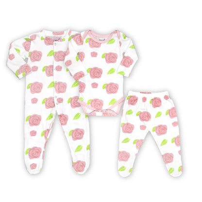 Moon Organic Baby Gift Set Romper Body Suit Rose Print 3pc (0-3m)