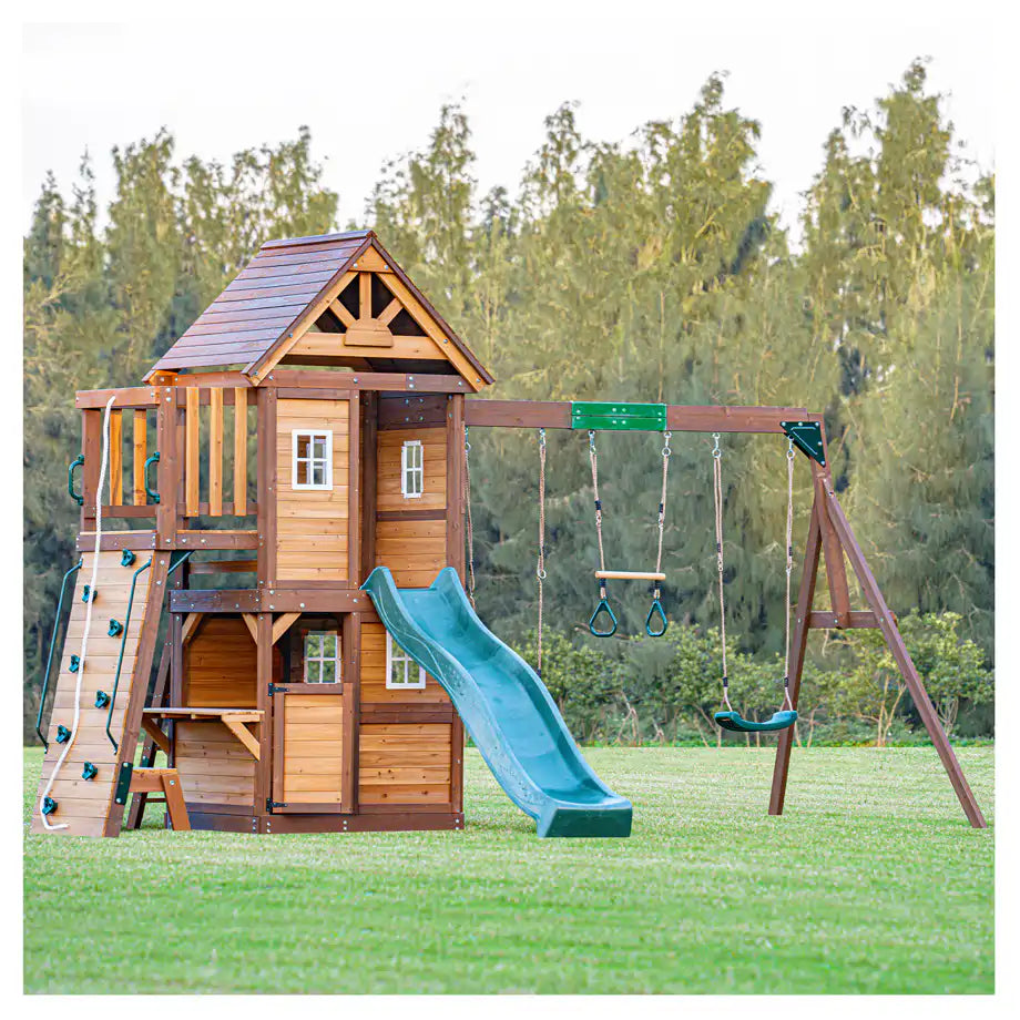 Mountpeak Kazbek Wooden Swing Set & Two-Level Playhouse with Roof