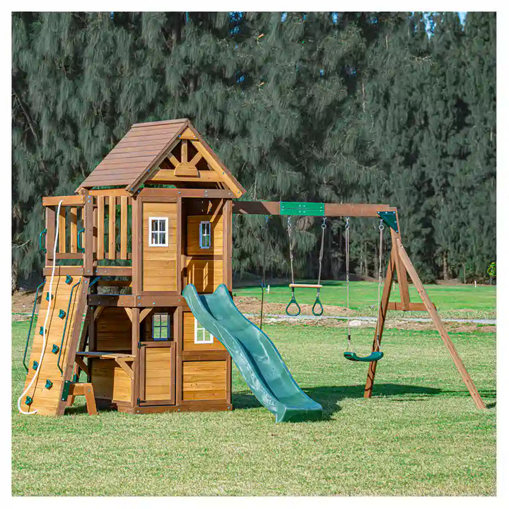 Mountpeak Kazbek Wooden Swing Set & Two-Level Playhouse with Roof