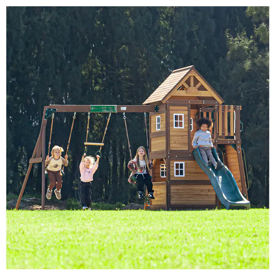 Mountpeak Kazbek Wooden Swing Set & Two-Level Playhouse with Roof