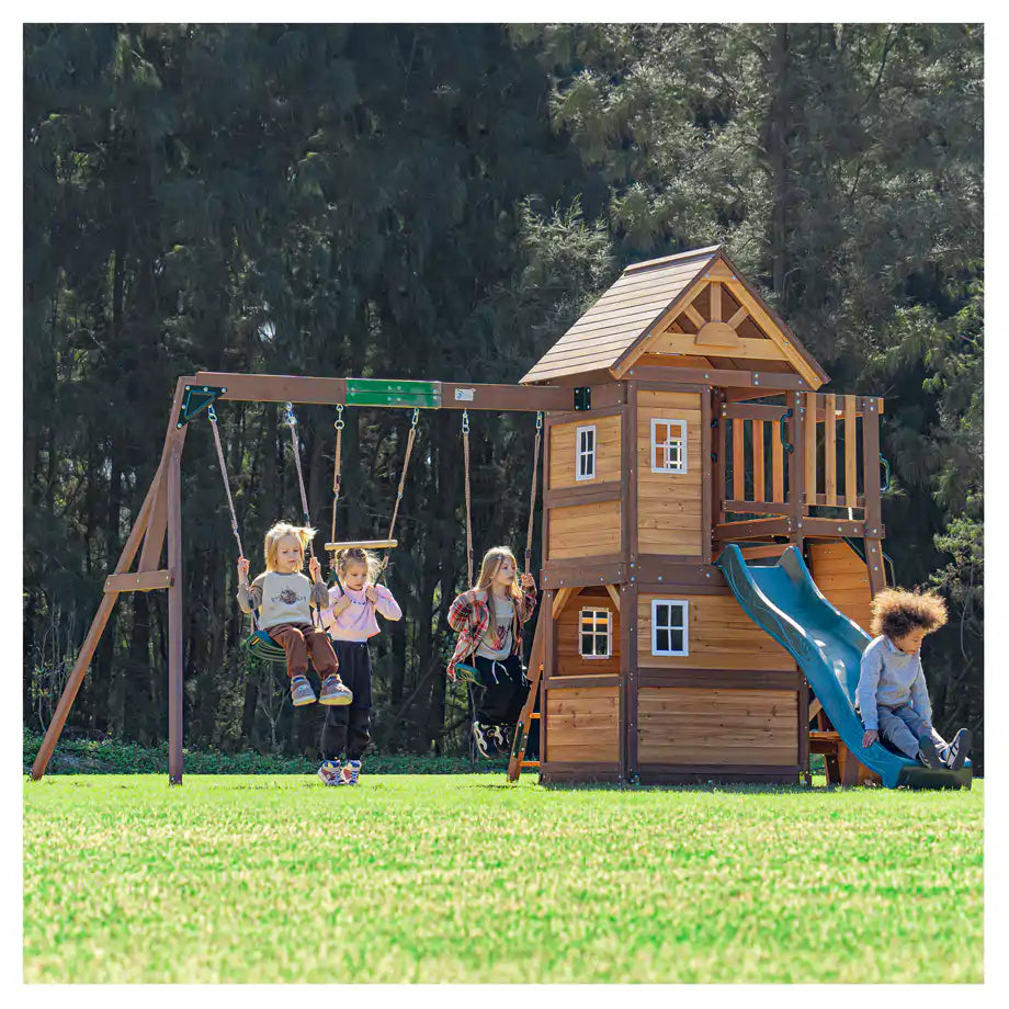 Mountpeak Kazbek Wooden Swing Set & Two-Level Playhouse with Roof