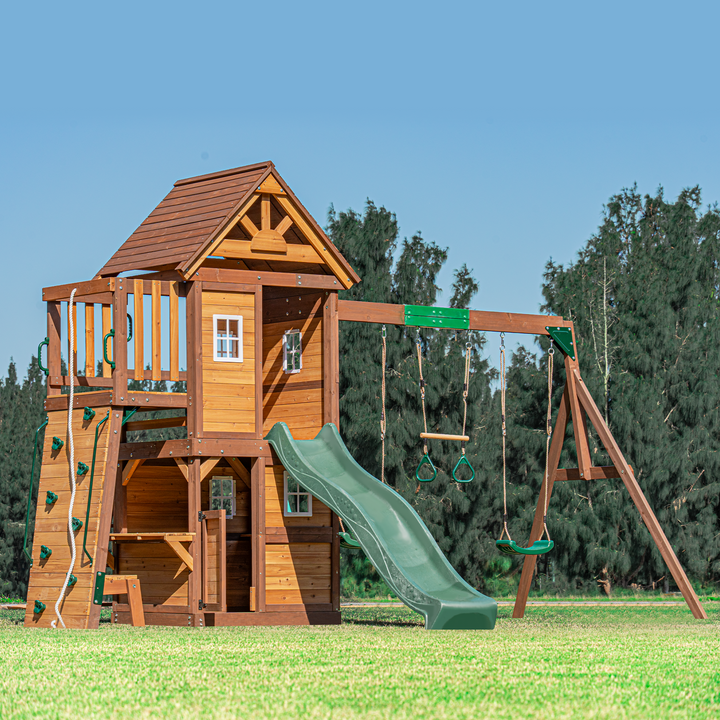 Mount Peak Kazbek Wooden Swing Set & Two-Level Playhouse with Roof