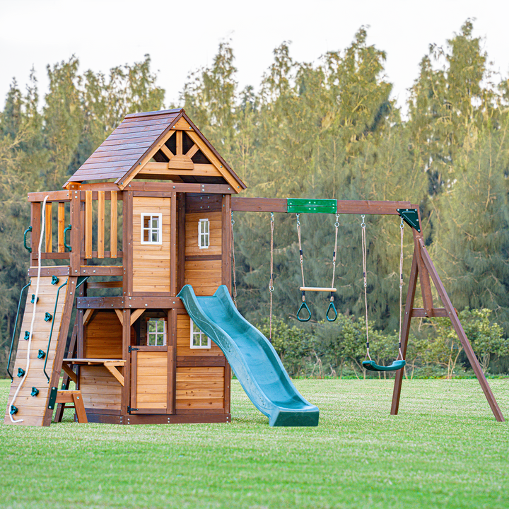 Mount Peak Kazbek Wooden Swing Set & Two-Level Playhouse with Roof