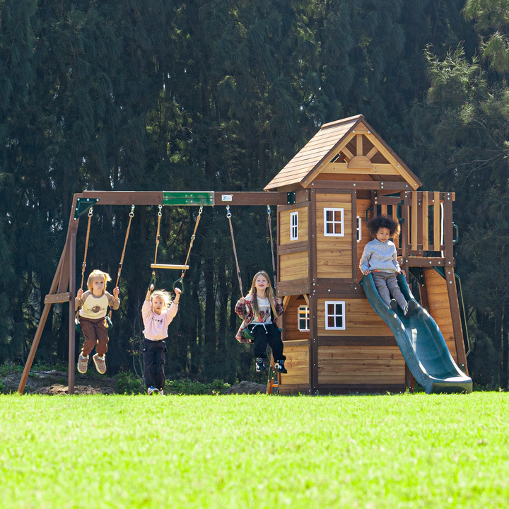 Mount Peak Kazbek Wooden Swing Set & Two-Level Playhouse with Roof