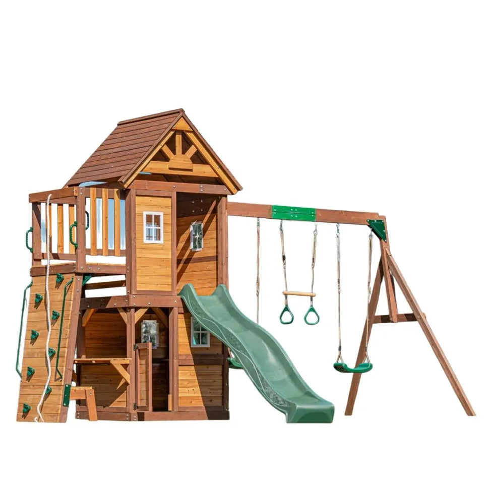 Mountpeak Kazbek Wooden Swing Set & Two-Level Playhouse with Roof