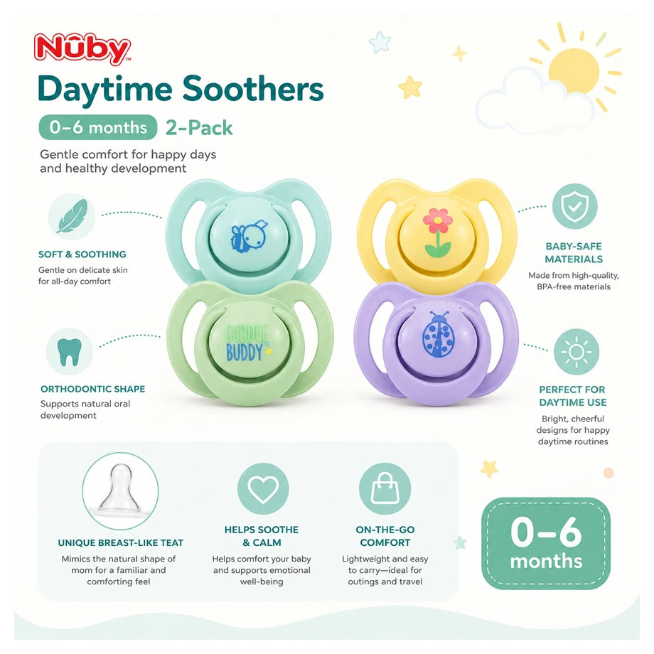 Nuby Day Soothers, 0-6 Months (2 Pack)