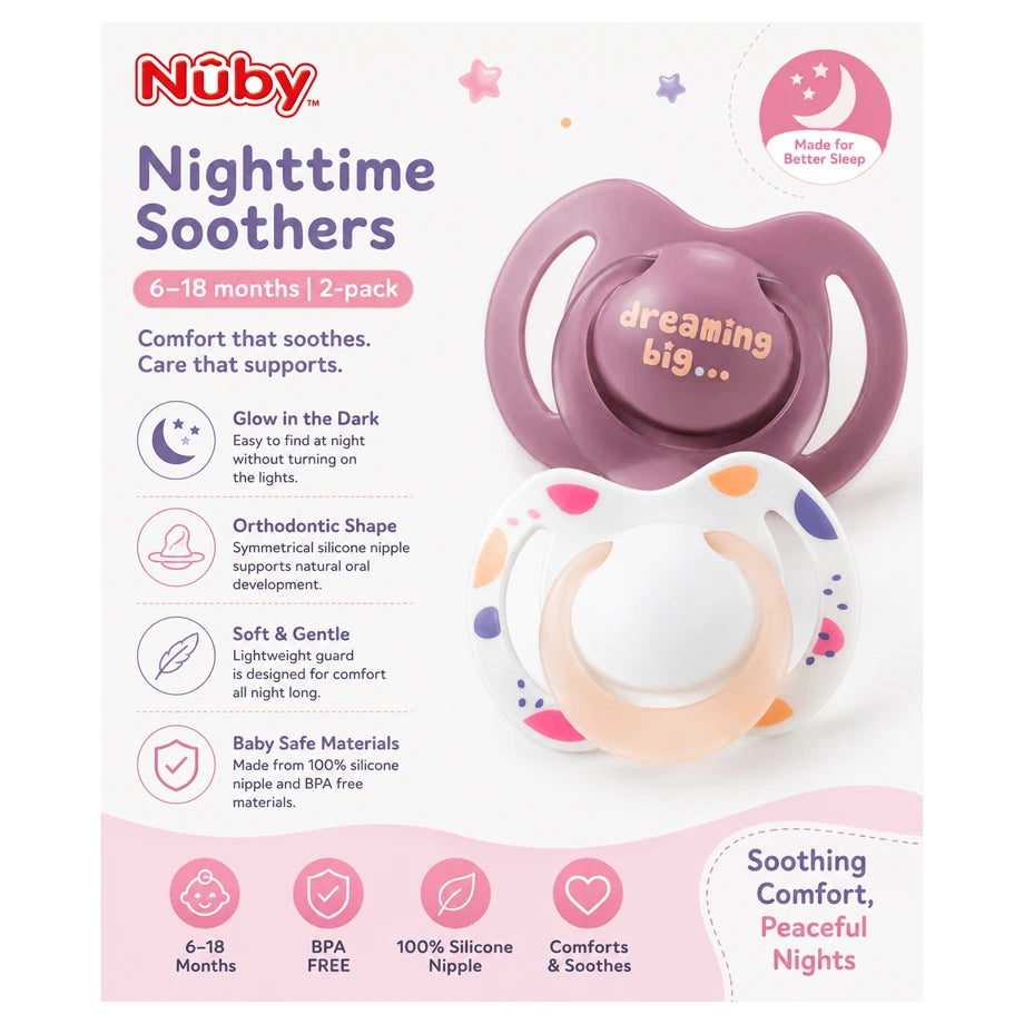 Nuby Night Soothers (Pink), 6-18 Months(2 Pack)