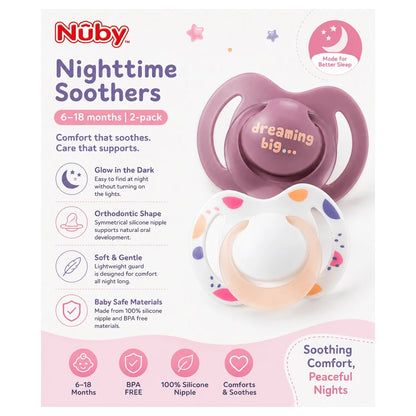 Nuby Night Soothers (Pink), 6-18 Months(2 Pack)