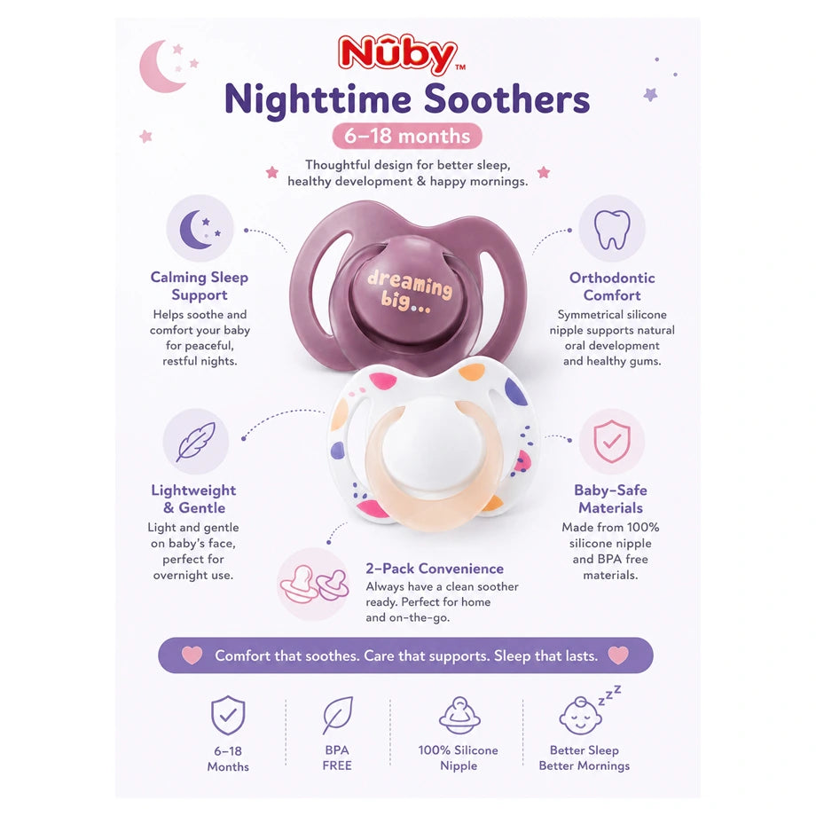 Nuby Night Soothers (Pink), 6-18 Months(2 Pack)