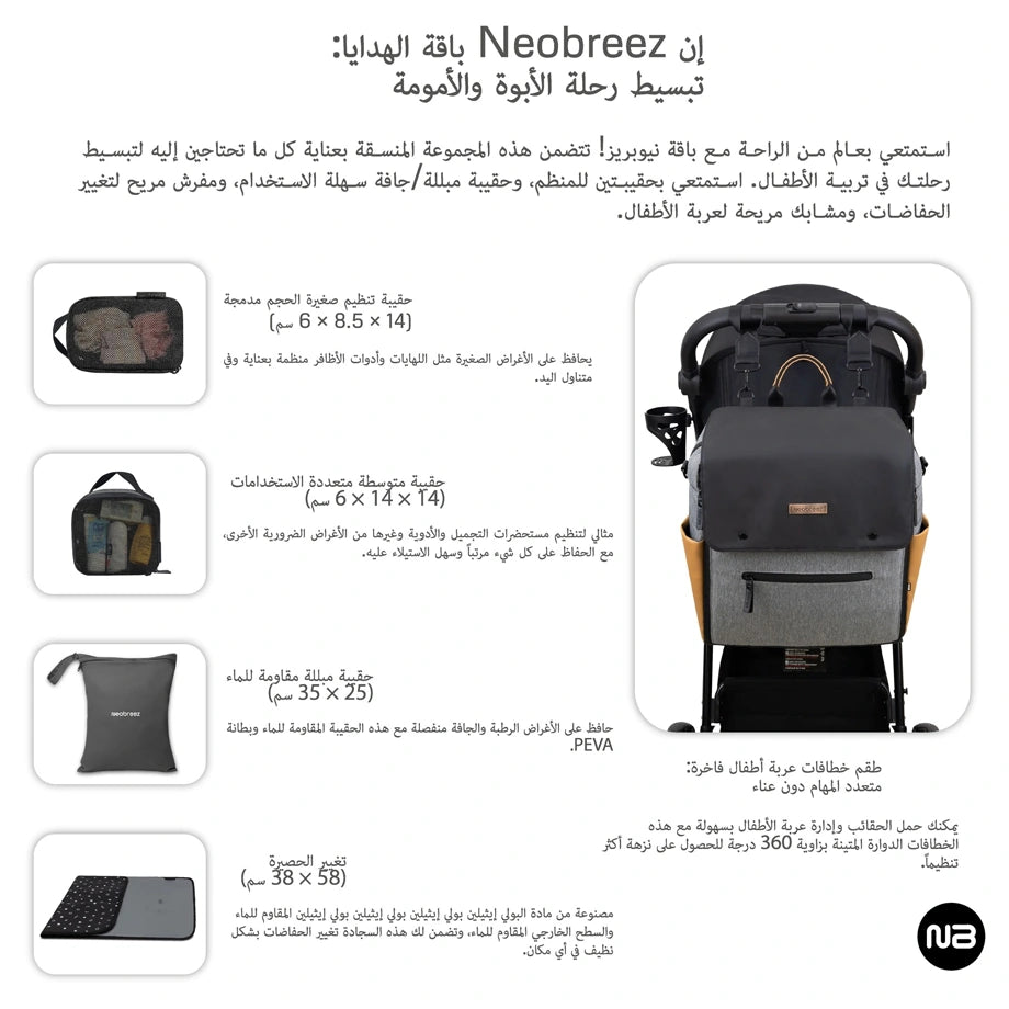 Neobreez - NIXE Diaper Backpack 7-Pcs Set W/Changing Mat, Wet Bag, Pouches (Grey)