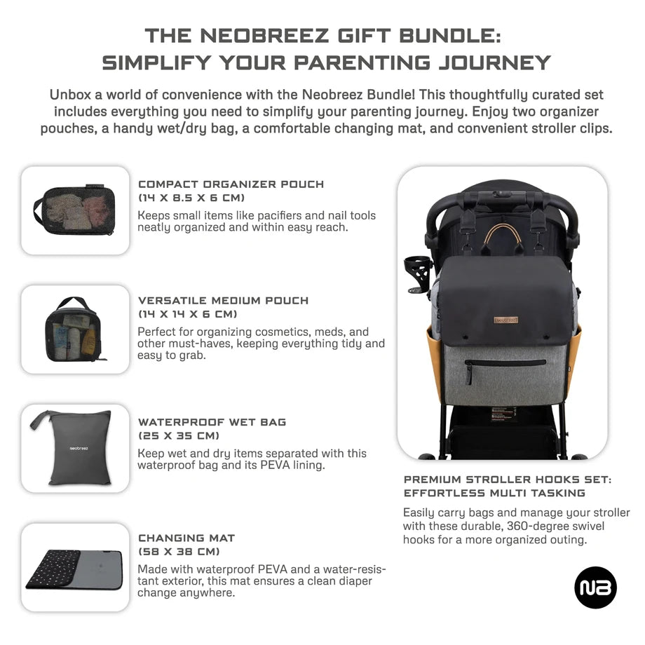 Neobreez - NIXE Diaper Backpack 7-Pcs Set W/Changing Mat, Wet Bag, Pouches (Grey)