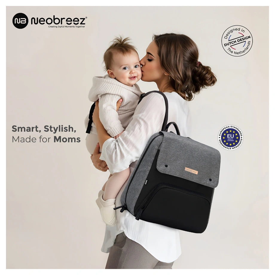 Neobreez Zori Diaper Backpack 7pc Set with Changing Mat Wet Bag Pouches (Grey)
