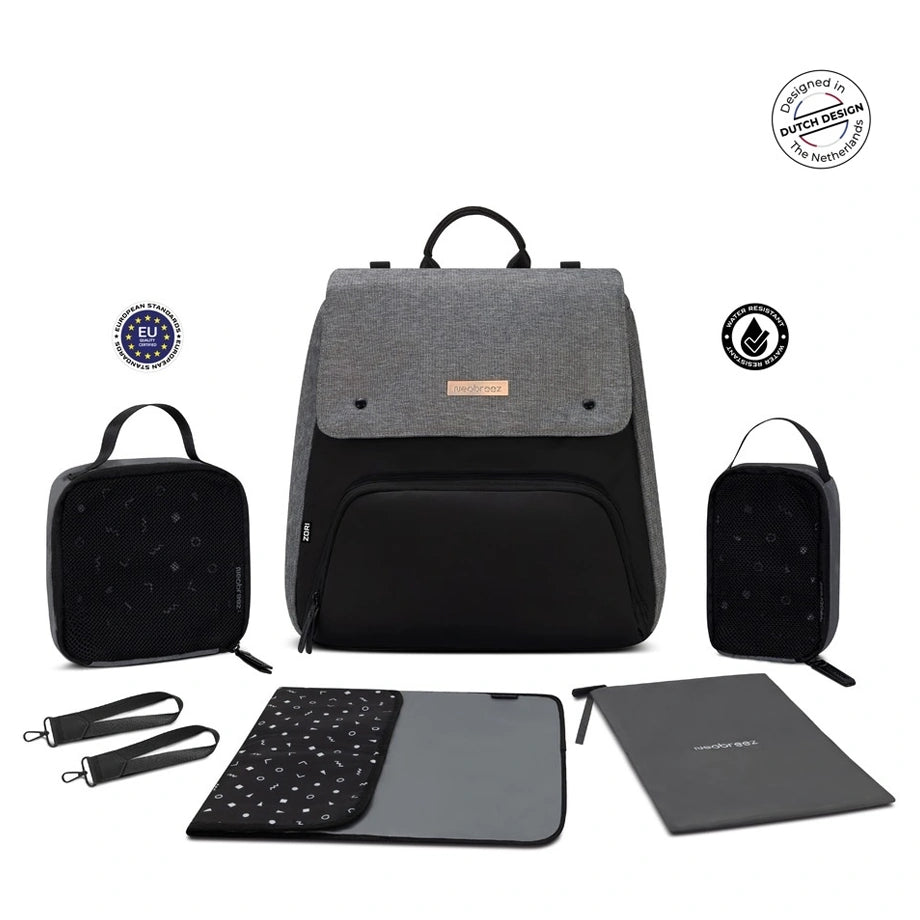 Neobreez Zori Diaper Backpack 7pc Set with Changing Mat Wet Bag Pouches (Grey)
