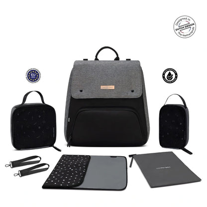 Neobreez Zori Diaper Backpack 7pc Set with Changing Mat Wet Bag Pouches (Grey)