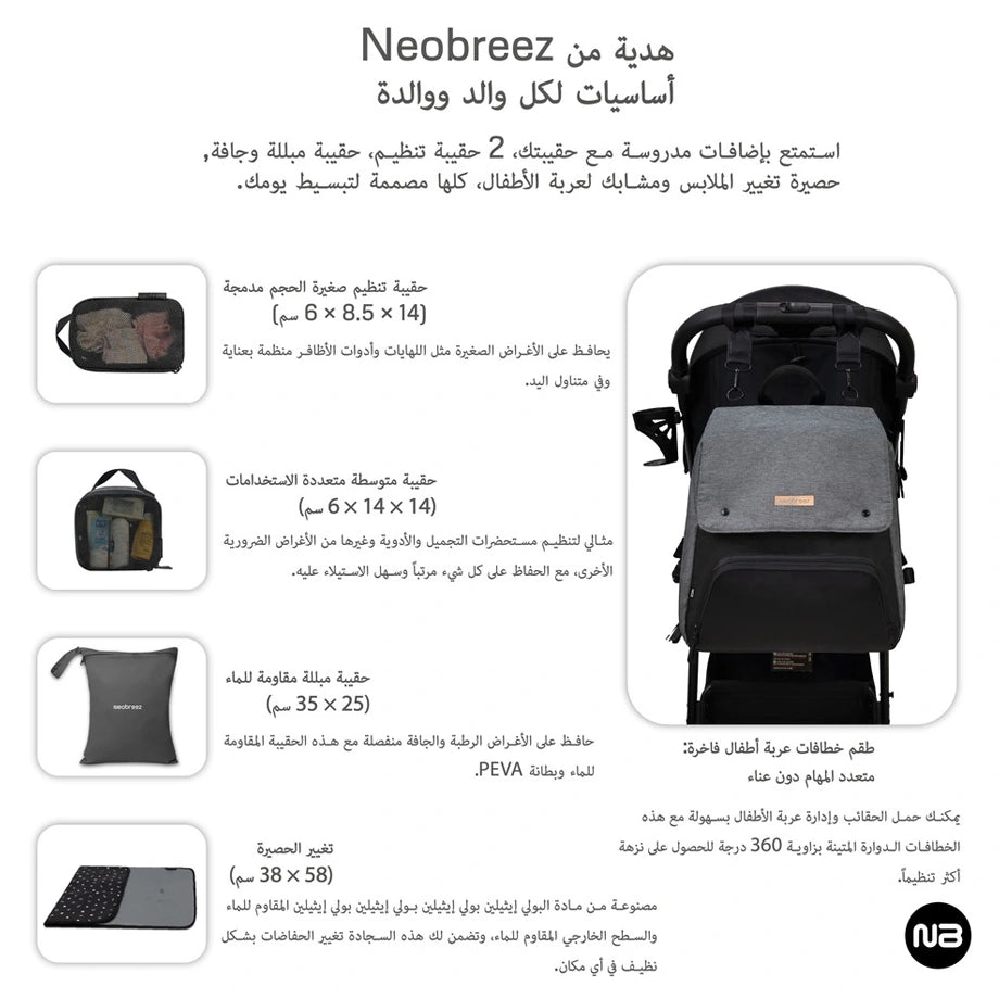 Neobreez Zori Diaper Backpack 7pc Set with Changing Mat Wet Bag Pouches (Grey)