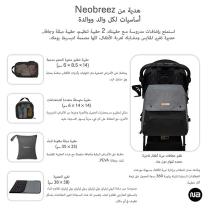 Neobreez Zori Diaper Backpack 7pc Set with Changing Mat Wet Bag Pouches (Grey)