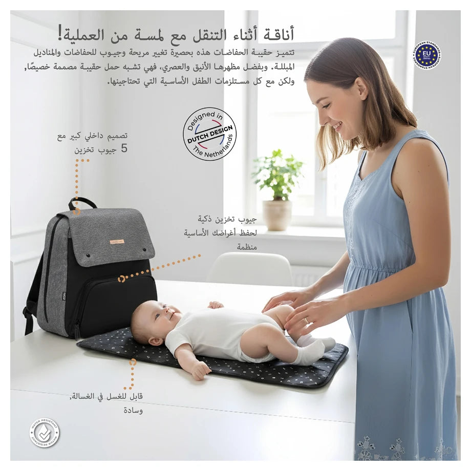 Neobreez Zori Diaper Backpack 7pc Set with Changing Mat Wet Bag Pouches (Grey)