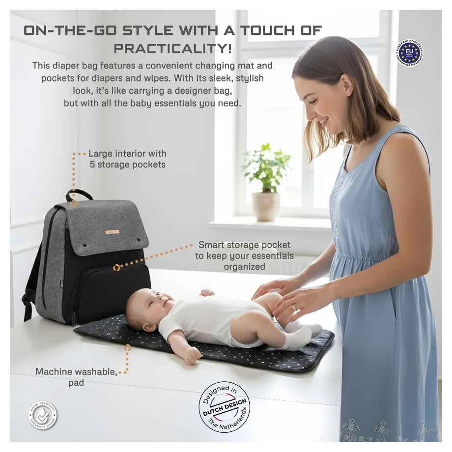 Neobreez Zori Diaper Backpack 7pc Set with Changing Mat Wet Bag Pouches (Grey)