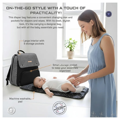 Neobreez Zori Diaper Backpack 7pc Set with Changing Mat Wet Bag Pouches (Grey)
