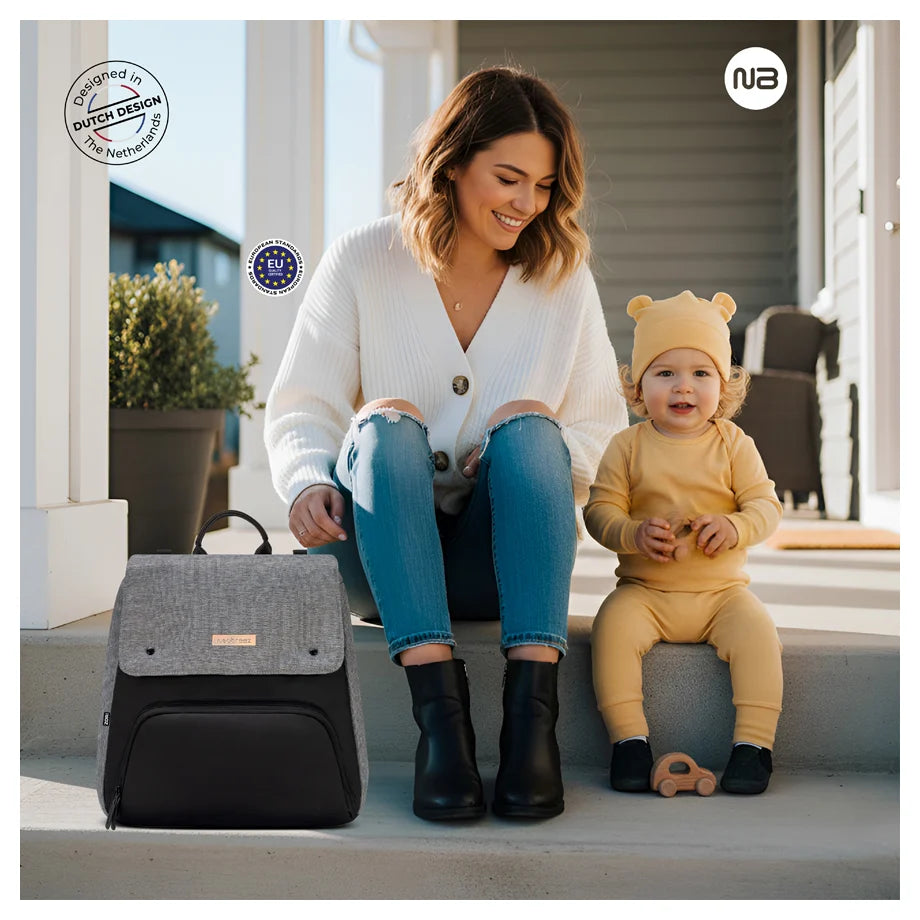Neobreez Zori Diaper Backpack 7pc Set with Changing Mat Wet Bag Pouches (Grey)