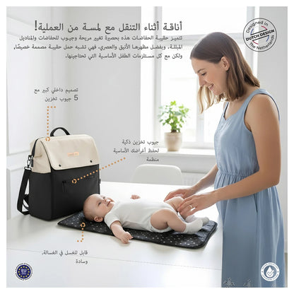 Neobreez Nixe Diaper Backpack 7-Pcs Set W/Changing Mat, Wet Bag, Pouches (Beige)