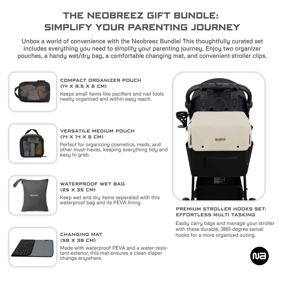 Neobreez Nixe Diaper Backpack 7-Pcs Set W/Changing Mat, Wet Bag, Pouches (Beige)