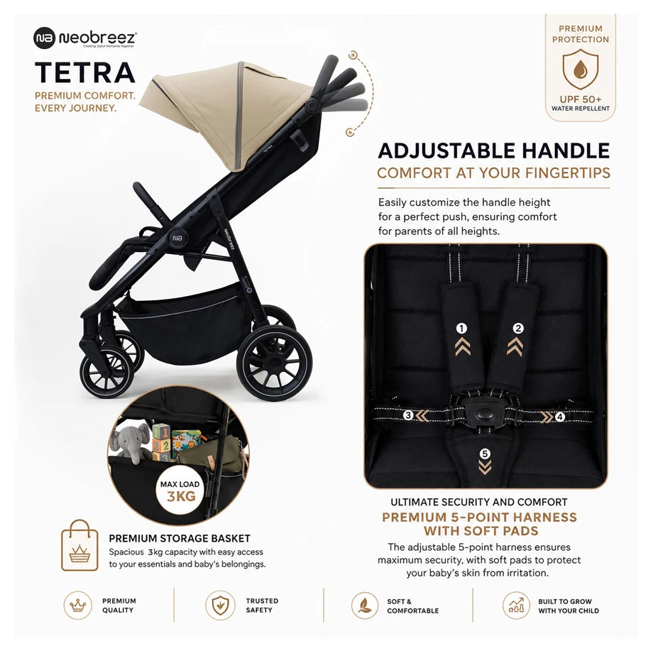 Neobreez Tetra Pushchair Stroller With Cup Holder (Beige/Black)