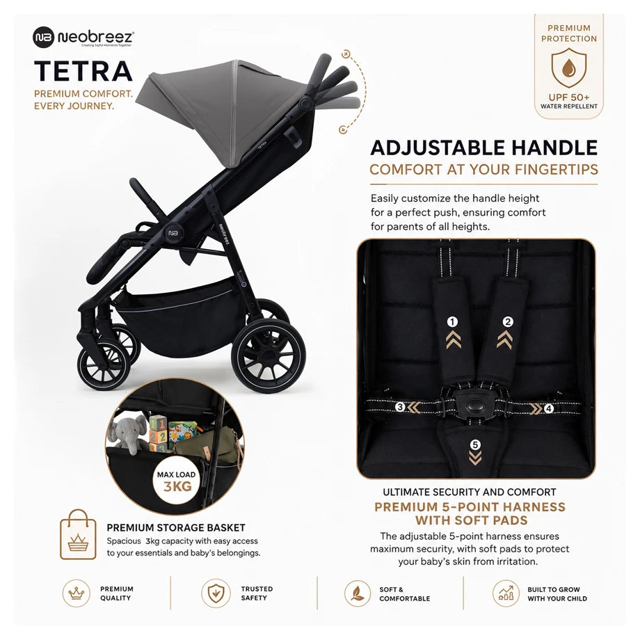 Neobreez Tetra Pushchair Stroller With Cup Holder (Grey/Black)