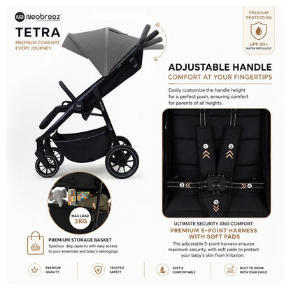 Neobreez Tetra Pushchair Stroller With Cup Holder (Grey/Black)
