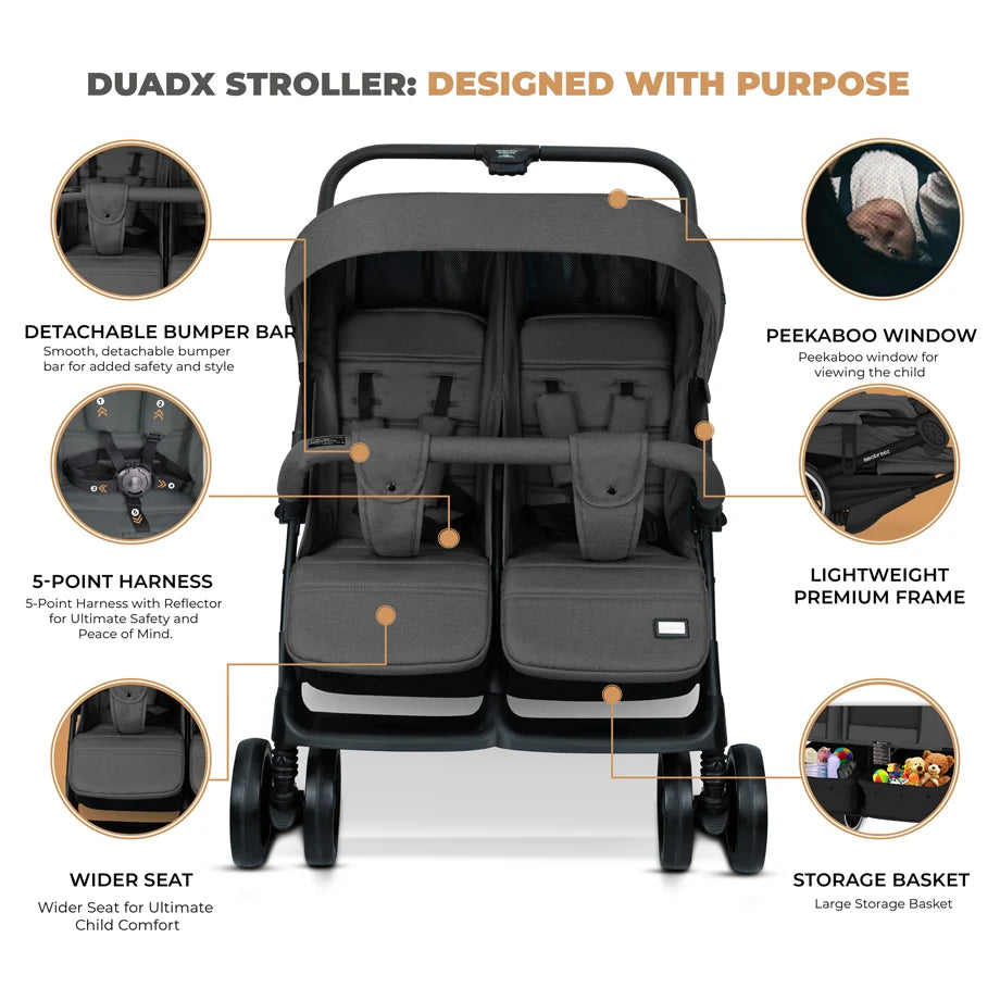 Neobreez DUADX Double Stroller, Compact Twin Stroller (Dark Grey)